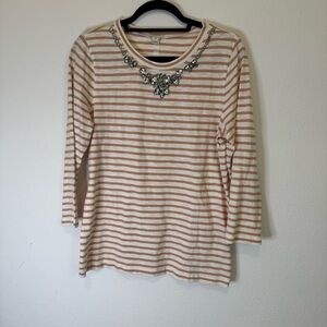J. Crew Striped Jeweled Shirt 3/4 Sleeve Rhinestone Women’s Size MEDIUM